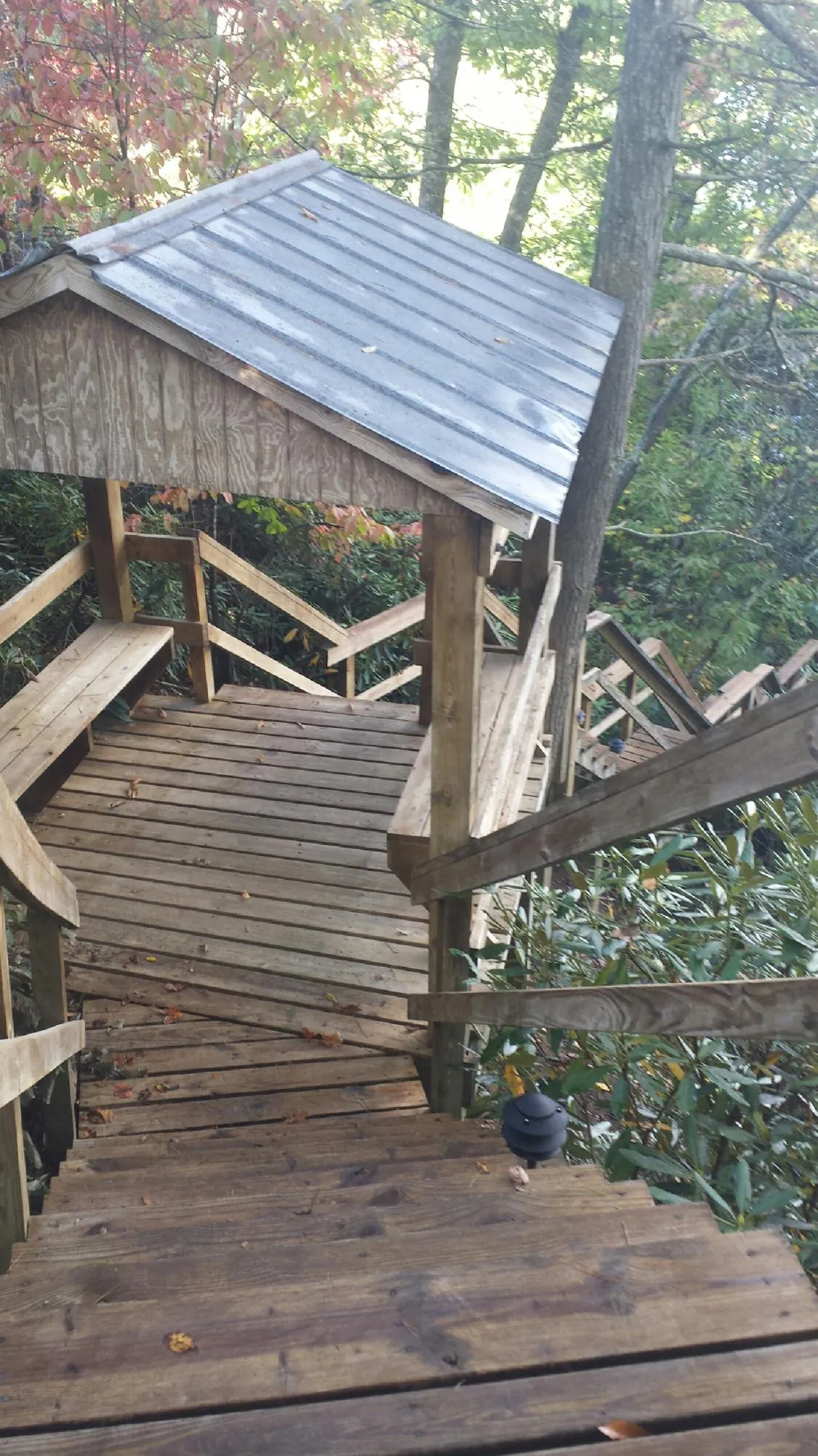 Metal roofed shelter over wooden steps on a wooded walkway — Skylight Repair & Installation work by our crew in Mocksville